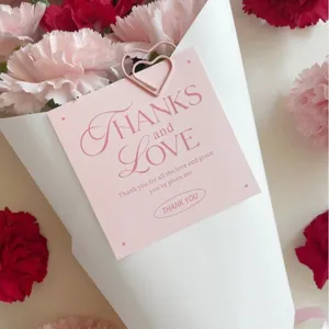 Tarjeta de felicitación cuadrada rosa con clip, tarjeta de agradecimiento para ramo.