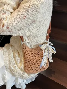 Sac bandoulière en paille crochetée fait main pour femme, mini sac de téléphone tricoté.