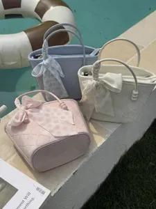 Women PU Leather Bucket Bag Quilted Small Handbag Bowknot Pearl Vacation Style Top Handle Crossbody Bag