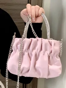 Borsa a Tracolla a Scomparsa Plissettata in Pelle PU da Donna Manico con Strass Catena