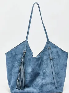 Sac cabas rétro en similicuir suédé bleu avec pompon et bandoulière pour femmes.
