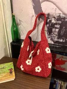 Korean style autumn winter plush flower embroidered tote bag sweet casual single shoulder bag