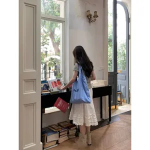Korean style striped nylon shoulder tote bag, casual daily use big capacity fashion handbag.