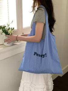 Korean style striped tote bag with large capacity casual nylon shoulder bag for women