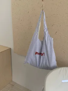 Borsa a tracolla in tela a righe casual da donna, tote minimalista di grande capacità.
