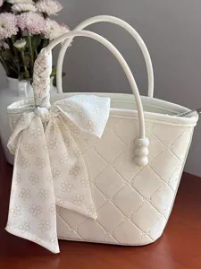 Elegant white quilted bucket handbag with cute ribbon bow and pearl handle charm for women