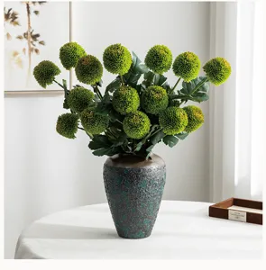 Artificial green pompon chrysanthemum flower arrangement in ceramic vase for home decor 1pc