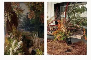 Autumn artificial maple leaf branches and dry botanical decor display for home living room.