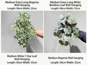 Artificial hanging plant details showing various green leaf styles and dimensions for home decor.