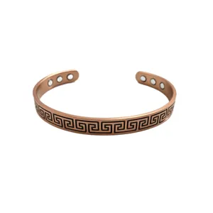 Copper magnetic cuff bracelet with Greek key pattern adjustable open design for men and women