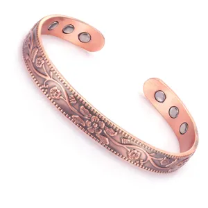Bracciale rigido magnetico in rame rosso vintage con motivo floreale in rilievo 9mm.