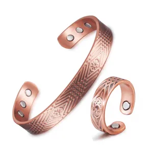 Set di bracciale e anello magnetico in rame puro, gioielli vintage incisi regolabili.