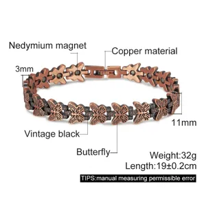 Pulsera Magnética de Cobre Vintage de Mariposa para Mujer Pulsera de Eslabones Huecos Envejecidos Joyería de Moda de Magnetoterapia
