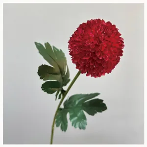 Detailed view of artificial red pompon chrysanthemum flower single stem home decor.