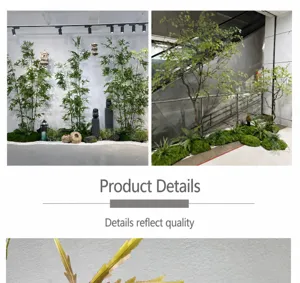 Détails de plantes artificielles, micro-paysage de feuilles d'érable et bambou décoration verte.