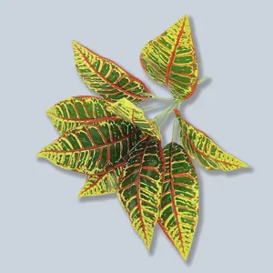 Ramas de hojas de crotón artificiales, follaje multicolor para decoración del hogar.