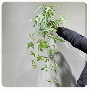 Artificial hanging green plant vine with variegated leaves for wall decor detail view