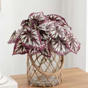 Artificial potted plant with colorful patterned leaves in glass vase for home decor