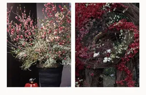 Primo piano dettagliato di rami di fiori artificiali e viti con colori autunnali.