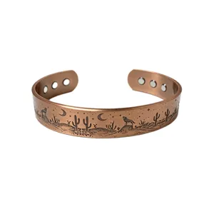 Vintage Copper Magnetic Cuff Bracelet For Men Women Western Wilderness Desert Wolf Cactus Embossed Adjustable Open Bangle Jewelry Gift