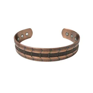 Vintage Pure Copper Magnetic Bracelet For Men Women Geometric Line Pattern Adjustable Open Cuff Bangle Hand Jewelry Health Gift