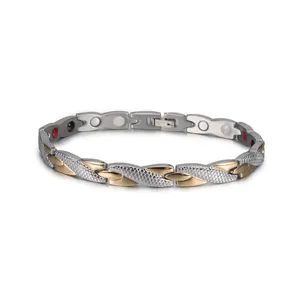 Stainless steel magnetic fashion bracelet with two-tone design and elegant mesh pattern.