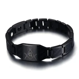 Detailed view of the black stainless steel magnetic bracelet featuring a Freemason design.