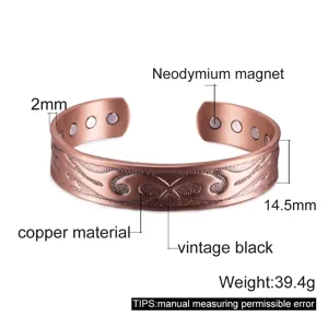 Men's magnetic copper bracelet with vintage black pattern, adjustable solid pure copper wristband.