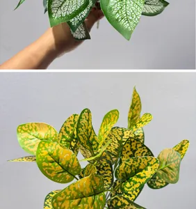 Hojas de plantas verdes artificiales para paisajismo interior, diseño realista, decorativo.
