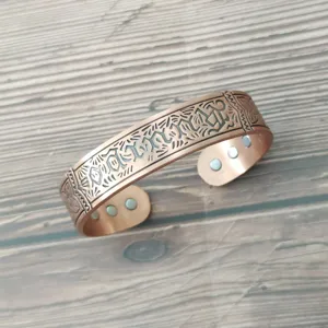 Vintage Pure Copper Magnetic Cuff Bracelet For Men Women Geometric Striped Engraved Pattern Adjustable Bangle Jewelry