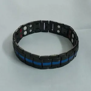 Black magnetic titanium steel bracelet with blue line detail for health and fashion styling.