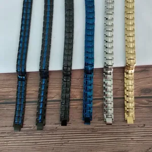 Multicolor fashion link bracelet detail view, stylish metal health wristband display.