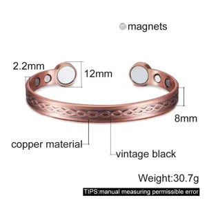 Pure copper magnetic bracelet with vintage weave design, adjustable open cuff for health.