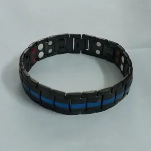 Men's black link magnetic therapy bracelet with thin blue line stylish health wrist jewelry
