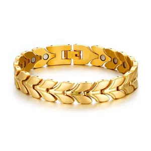 Men stainless steel magnetic bracelet, gold leaf link design fashion jewelry detail view.