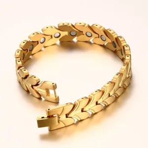 Detailed view of the gold stainless steel magnetic mens bracelet showing leaf link design and clasp.