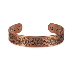 Men Pure Copper Magnetic Therapy Bracelet Vintage Floral Embossed Open Cuff Bangle Ring Fashion Jewelry