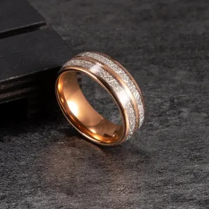 Anello uomo donna in tungsteno oro rosa con inserto effetto meteorite 8mm largo vintage