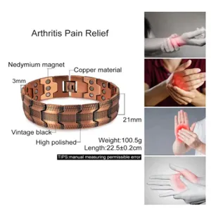 Detail view showing copper magnetic bracelet features, dimensions, and pain relief usage.