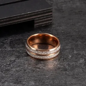 Anello in Carburo di Tungsteno 8mm Oro Rosa Bicolore Tessuto meteorite Fede Nuziale