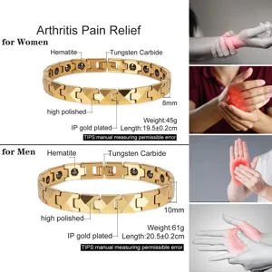 Magnetic tungsten steel bracelet set for men and women with hematite and gold plating.