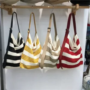 Woven knitted shoulder bag for women, stylish striped hobo handbag, casual summer beach purse.