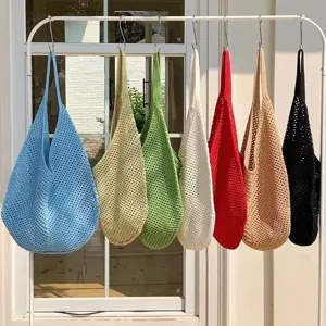 Colorful cotton crochet tote bag, large capacity casual knit shoulder bag for summer vacation.