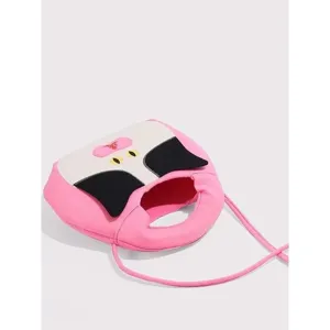Cute pink plush cow cat crossbody bag for women, funny expression shoulder bag winter.