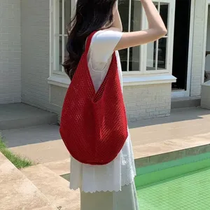 Red crochet knit tote bag large capacity casual shoulder bag summer beach vacation handbag