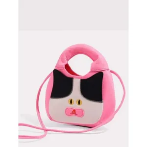 Cute pink plush cow cat crossbody bag for women, funny expression shoulder handbag winter.
