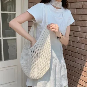 White cotton crochet tote bag for women, large capacity summer beach shoulder handbag.