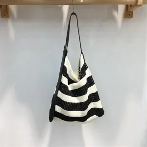 Black and white striped knitted shoulder bag casual hobo beach vacation underarm bag