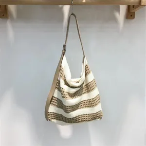 Knitted striped shoulder bag casual summer beach hobo handbag for women stylish daily use.