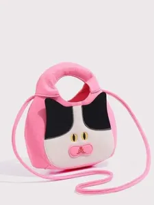 Cute pink cow cat plush shoulder crossbody bag for women, funny expression handbag, sweet style.
